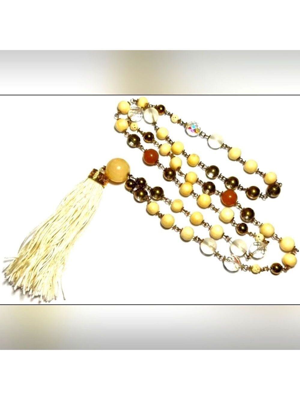 Necklace Gold Tone Chain Bead Tassel Cream Glass Matte Long 35"